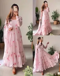 Trendy Pink Georgette Printed Flared Kurta With Dupatta For Women-thumb1