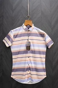 Elegant Cotton Lycra Striped Short Sleeves Casual Shirts For Men-thumb1