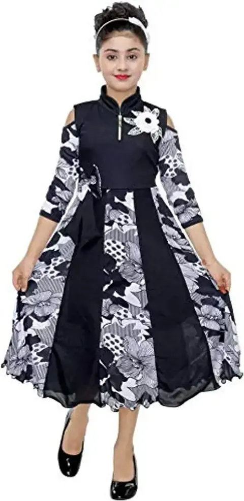 Fabulous Black Cotton Blend Printed Dress For Girls