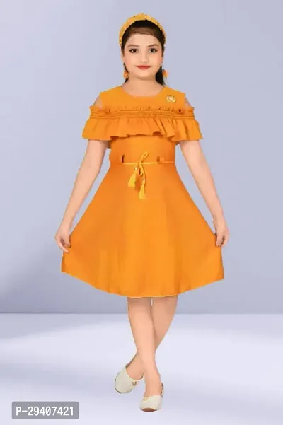 Fabulous Yellow Cotton Blend Embellished Dress For Girls