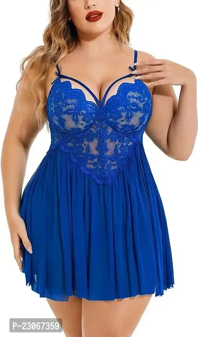 Aliesa Fashion Lace Babydoll Womens Strap Plus Size Chemise Nightgown V Neck Nighty Mesh Sleepwear Side Slit Nightdress Lingerie -Blue-thumb0