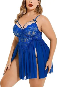 Aliesa Fashion Lace Babydoll Womens Strap Plus Size Chemise Nightgown V Neck Nighty Mesh Sleepwear Side Slit Nightdress Lingerie -Blue-thumb1