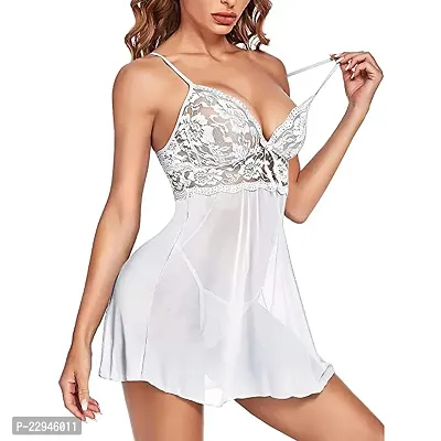 Aliesa Fashion Lace Babydoll Womens Chemise Nightgown V Neck Nighty Mesh Sleepwear Nightdress Lingerie -white-thumb2