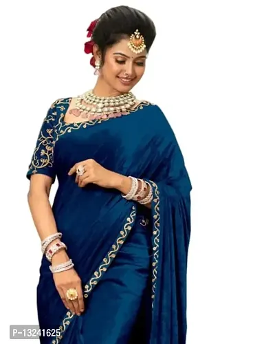 Dream Crushers Women's Velvet Embroidered Bollywood Saree With Unstitched Blouse Piece (Peacock)