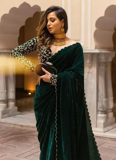 Velvet Solid Sarees With Embroidered Blouse Piece