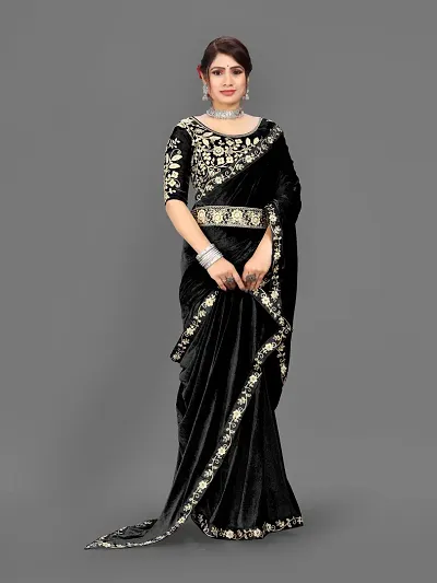 Elegant Velvet Embroidered Border Saree With Embroidery work Blouse Piece