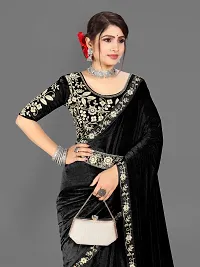 Elegant Black Velvet Embroidered Border Saree With Embroidery work Blouse Piece-thumb3