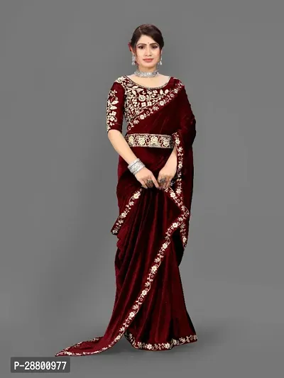 Elegant Marron Velvet Embroidered Border Saree With Embroidery work Blouse Piece