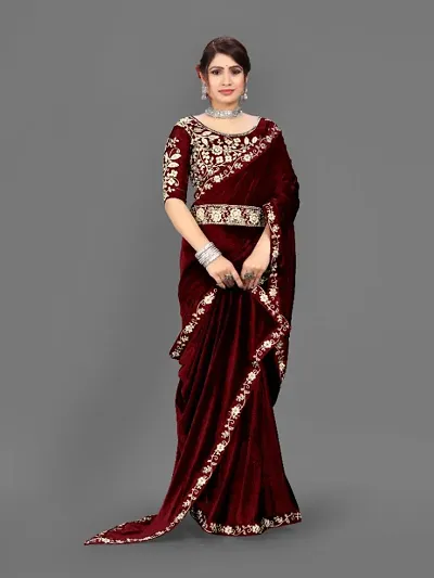 New In Velvet Saree with Blouse piece 