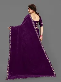 Elegant Purple Velvet Embroidered Border Saree With Embroidery work Blouse Piece-thumb2