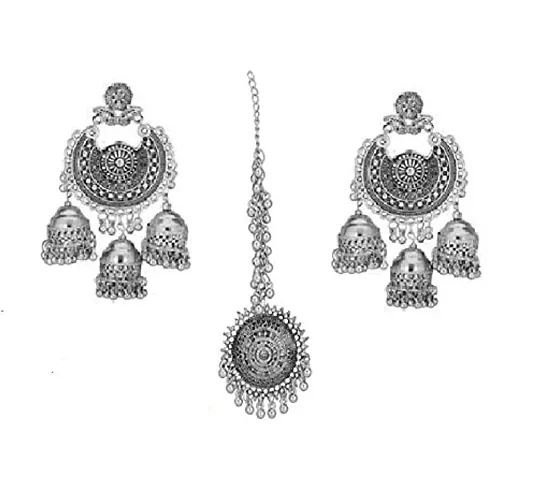 Oxidized Silver Chandbali/Dangler Red Beaded Earrings With Mang TikKa Traditional For Women/Girls