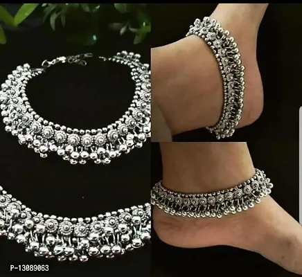 Just In Jewellery Traditional Oxidized Silver Ethnic Fancy Fashion Foot Jewellery Ghungroo Painjan Payal Leg Chain Stylish Pair Of Ankle Alloy, Crystal Anklet For Girls  Women( Pack Of 2)-thumb4