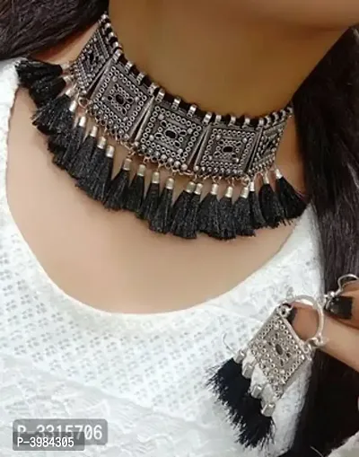 Ethnic Silver Mirror Ghungroo Choker Necklace Set with Earrings