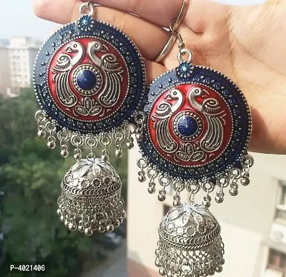 Fancy Oxidized Silver Meenakari Peacock Chandbali  Jhumki Earrings(4.5cm)