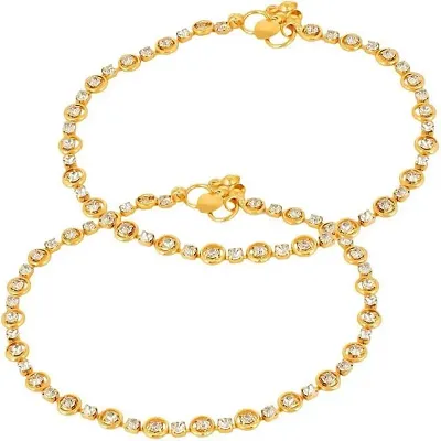 Pair of Attractive Alloy Gold Plated Anklets with Stones