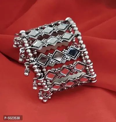 Fashionable Oxidized Silver Broad Mirror Work Bracelet For Women