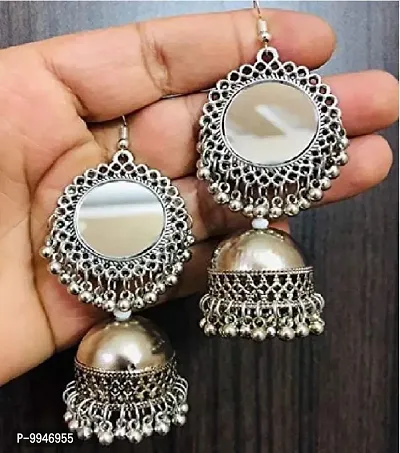 Oxidized Antique Silver Mirror Chandbali Mirror Dangler Earring Jhumki German Silver Drops  Danglers, Earring Set, Chandbali Earring, Jhumki Earring-thumb0