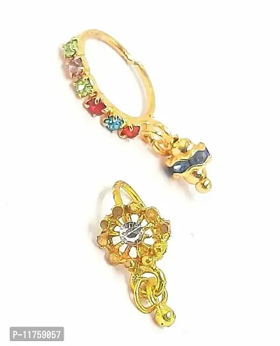 Trending  Golden Piercing  Multicolor CZ Nose Pins Nose Bali / Ring (Pack od 2)-thumb0
