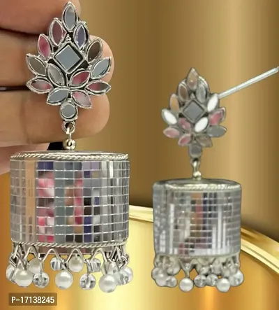 Just In Jewellery Trending Oxidized Silver Mirror Jhummki Earrings-thumb0