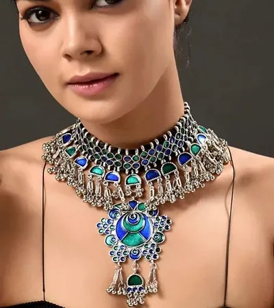 Just In Jewellery New Diva Oxidized Silver Choker Necklace  Jewellery Set For Women and Girls