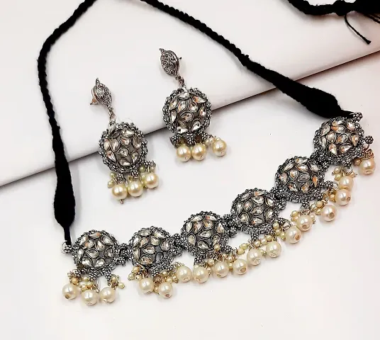 Style Statement Oxidized Silver Necklace With Earrings