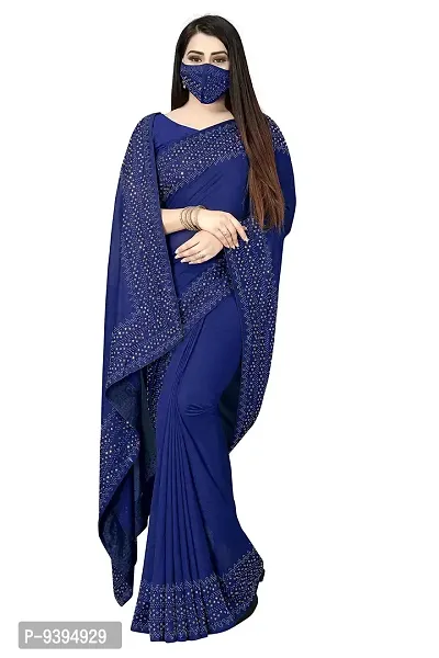 PUNYATHA CREATION Women's Chanderi Saree With Blouse Piece And Matching Mask (TRIKON  CHOKI - 3600_Navy Blue)-thumb0