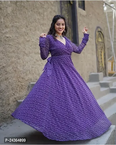 Beautifull Georgette Fabric Bandhani Print Round Neck A-Line Full Sleeve Gown for Women and Girls-thumb3