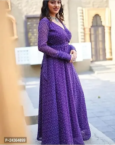 Beautifull Georgette Fabric Bandhani Print Round Neck A-Line Full Sleeve Gown for Women and Girls-thumb2