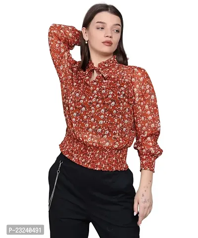 BaawRi Casual Georgette Fabric Mandarin Neck Floral Printed Full Sleeve Top for Women/Girl's-thumb0