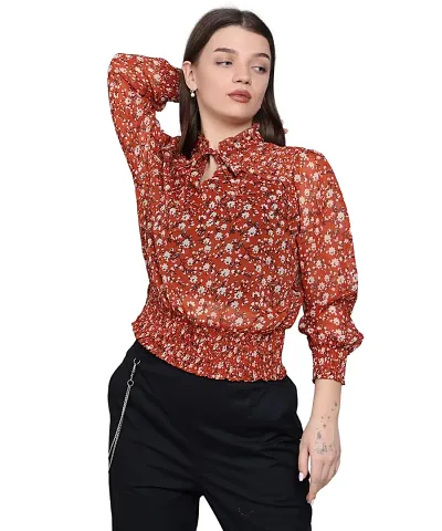 BaawRi Casual Georgette Fabric Mandarin Neck Floral Full Sleeve Top for Women/Girl's