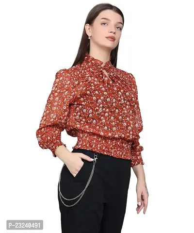 BaawRi Casual Georgette Fabric Mandarin Neck Floral Printed Full Sleeve Top for Women/Girl's-thumb2