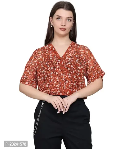 BaawRi Georgette Fabric Casual Half Sleeve Floral Printed V-Neck Top for Women and Girl's-thumb0