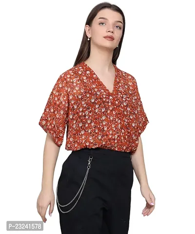 BaawRi Georgette Fabric Casual Half Sleeve Floral Printed V-Neck Top for Women and Girl's-thumb2