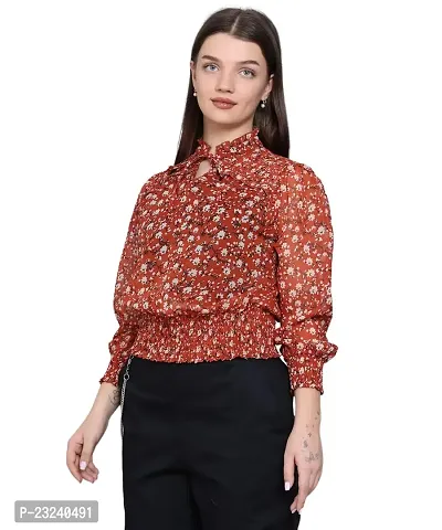 BaawRi Casual Georgette Fabric Mandarin Neck Floral Printed Full Sleeve Top for Women/Girl's-thumb3