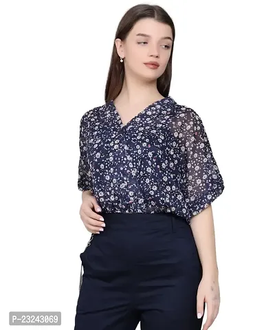BaawRi Georgette Fabric Casual Half Sleeve Floral Printed V-Neck Top for Women and Girl's-thumb0