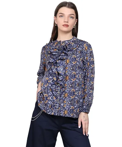 BaawRi Casual Round Neck Full Sleeve Floral Printed Crepe Fabric Top for Women/Girl's