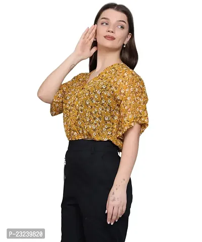 BaawRi Georgette Fabric Casual Half Sleeve Floral Printed V-Neck Top for Women and Girl's-thumb3