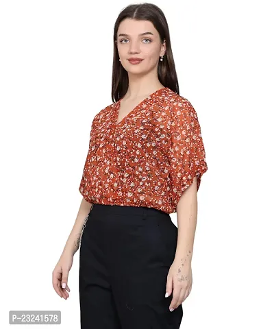 BaawRi Georgette Fabric Casual Half Sleeve Floral Printed V-Neck Top for Women and Girl's-thumb3