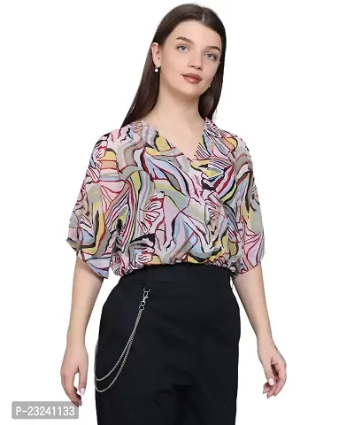 BaawRi Georgette Fabric Casual Half Sleeve Floral Printed V-Neck Top for Women and Girl's-thumb2