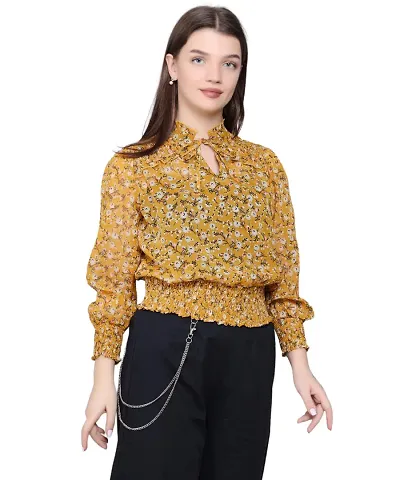 BaawRi Casual Georgette Fabric Mandarin Neck Floral Full Sleeve Top for Women/Girl's