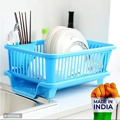 3 in 1 Durable Small Plastic Kitchen Sink with ,Dish Rack Drainer Drying Rack Washing Basket with Tray for Kitchen Organizer Utensils Tools Cutlery-Blue-thumb0