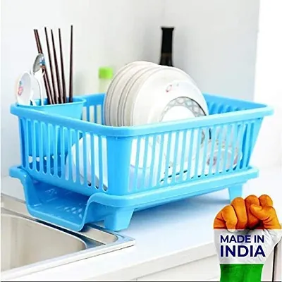 3 in 1 Durable Small Plastic Kitchen Sink with ,Dish Rack Drainer Drying Rack Washing Basket with Tray for Kitchen Organizer Utensils Tools Cutlery-Blue