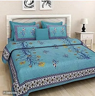 Stylish Blue Cotton Printed 1 Bedsheet 2 Pillowcovers For Double Bed-thumb0