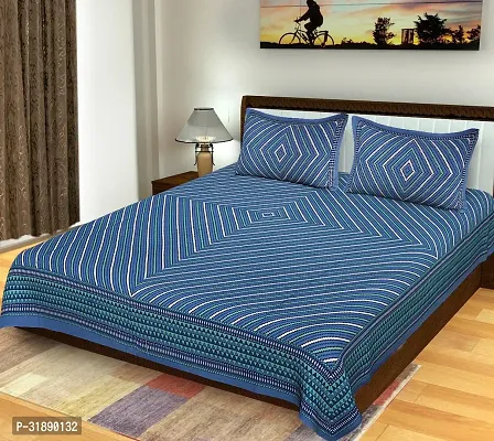 Comfortable Blue Cotton Printed 1 Bedsheet + 2 Pillowcovers