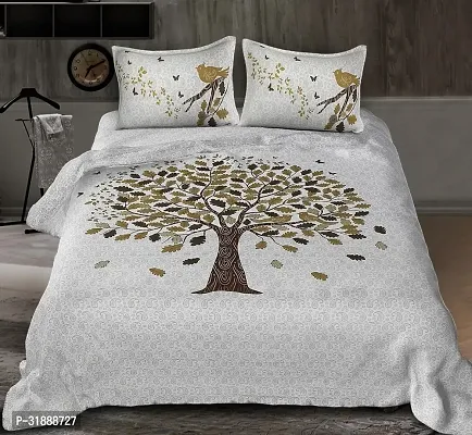 Comfortable Off White Cotton Printed 1 Bedsheet + 2 Pillowcovers-thumb0