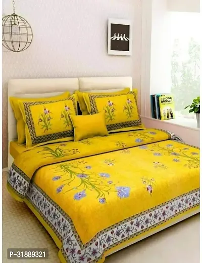 Comfortable Yellow Cotton Printed 1 Bedsheet + 2 Pillowcovers-thumb0