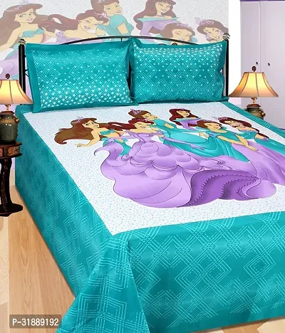 Comfortable Turquoise Cotton Printed 1 Bedsheet + 2 Pillowcovers-thumb0