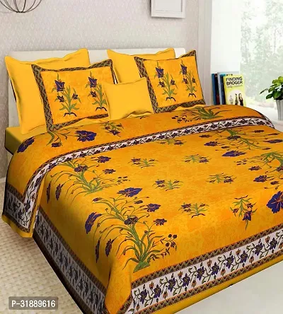 Comfortable Yellow Cotton Printed 1 Bedsheet + 2 Pillowcovers