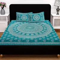 Comfortable Turquoise Cotton Double 1 Bedsheet + 2 Pillowcovers-thumb1