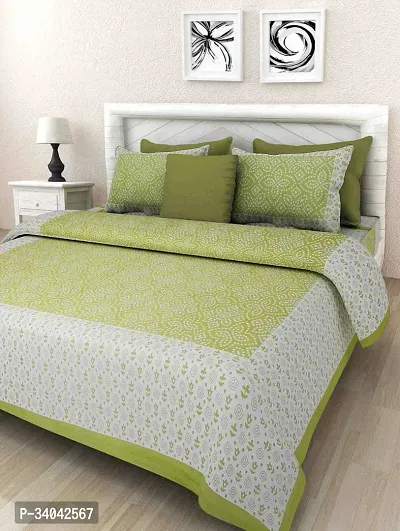 Stylish Green Cotton Printed 1 Bedsheet 2 Pillowcovers For Double Bed